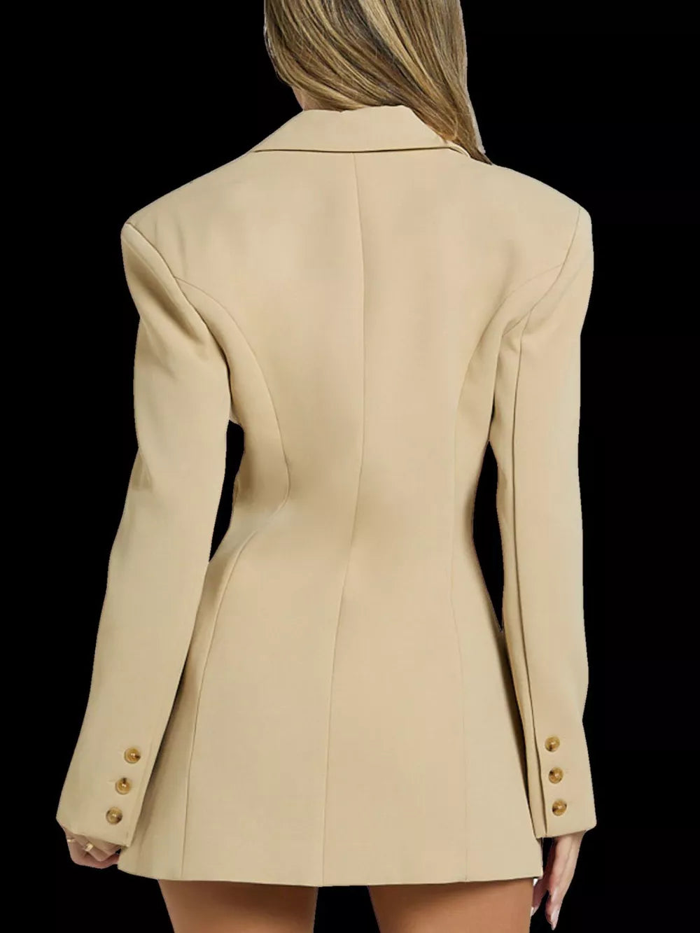 Khaki tailored lapel blazer dress with buttoned cuffs and a fitted silhouette.