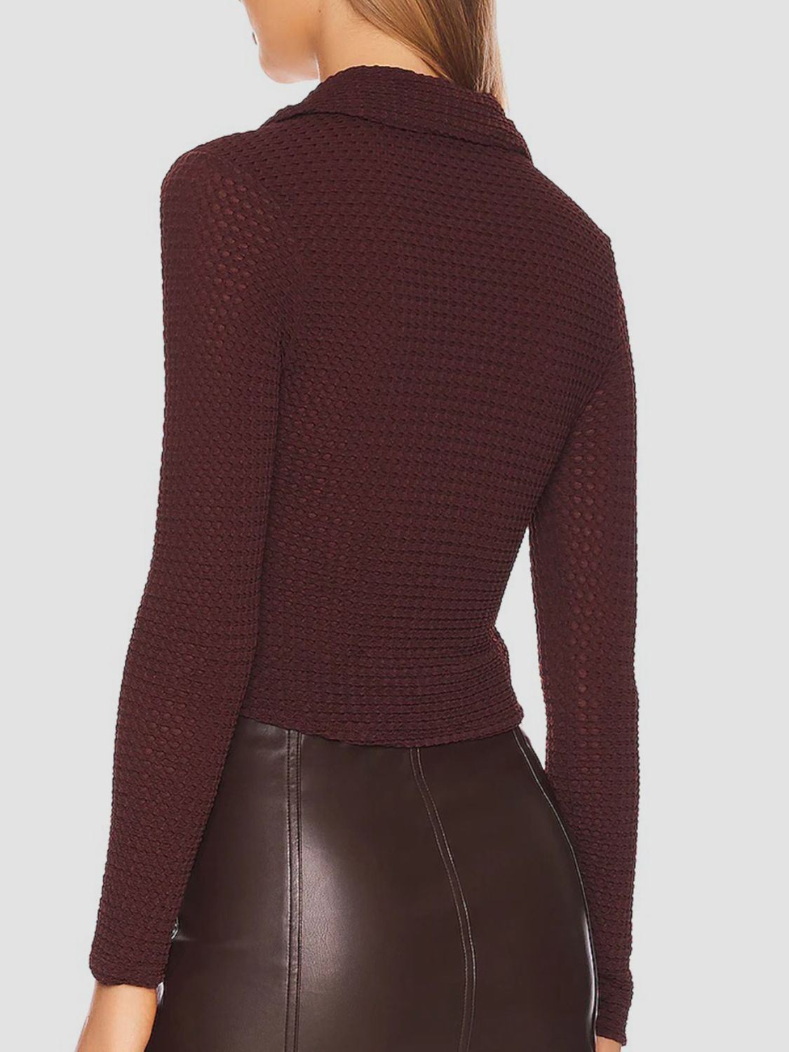 Textured knit button-down shirt in dark brown with a collared neckline and long sleeves.