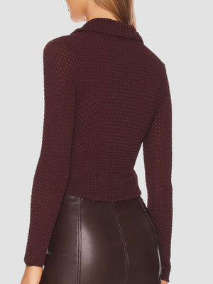 Textured knit button-down shirt in dark brown with a collared neckline and long sleeves.