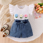 Children's Ruffled Flower Top And Denim Shorts Set in White, alternate angle
