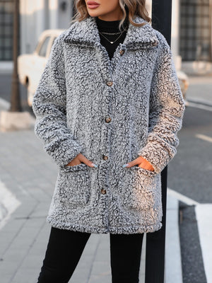 Teddy bear textured button-down coat in grey with pockets and button closure.