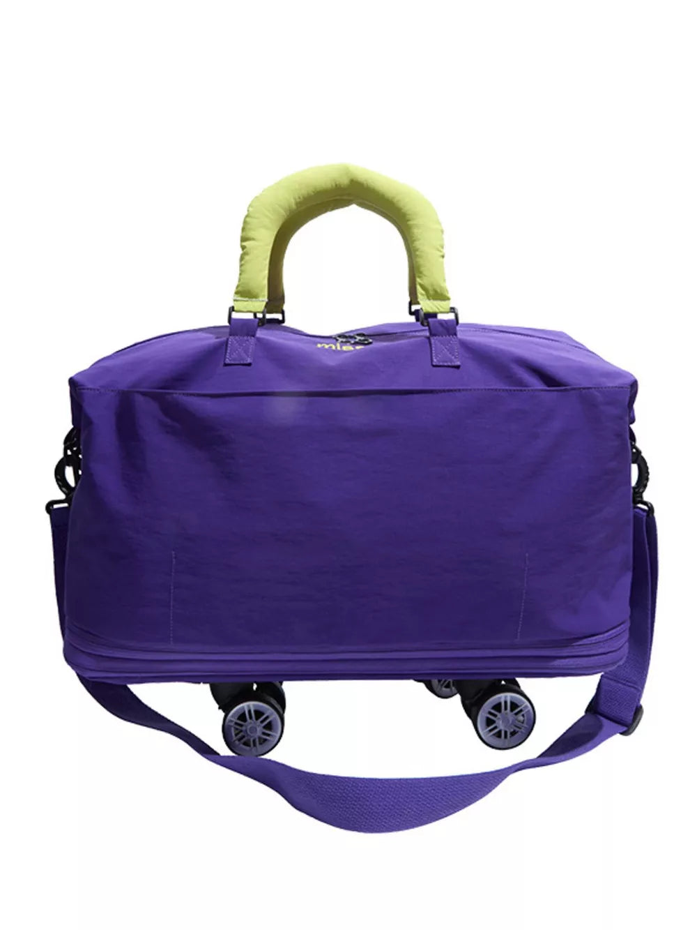 Vibrant purple travel bag with neon green padded handles and wheels.