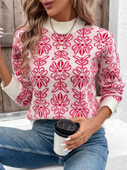 Intarsia floral crewneck knit sweater in scarlet with white trim, acrylic.