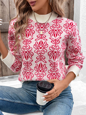 Intarsia floral crewneck knit sweater in scarlet with white trim, acrylic.