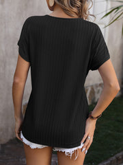 Black textured short sleeve tee with a V-neck and ribbed detail.
