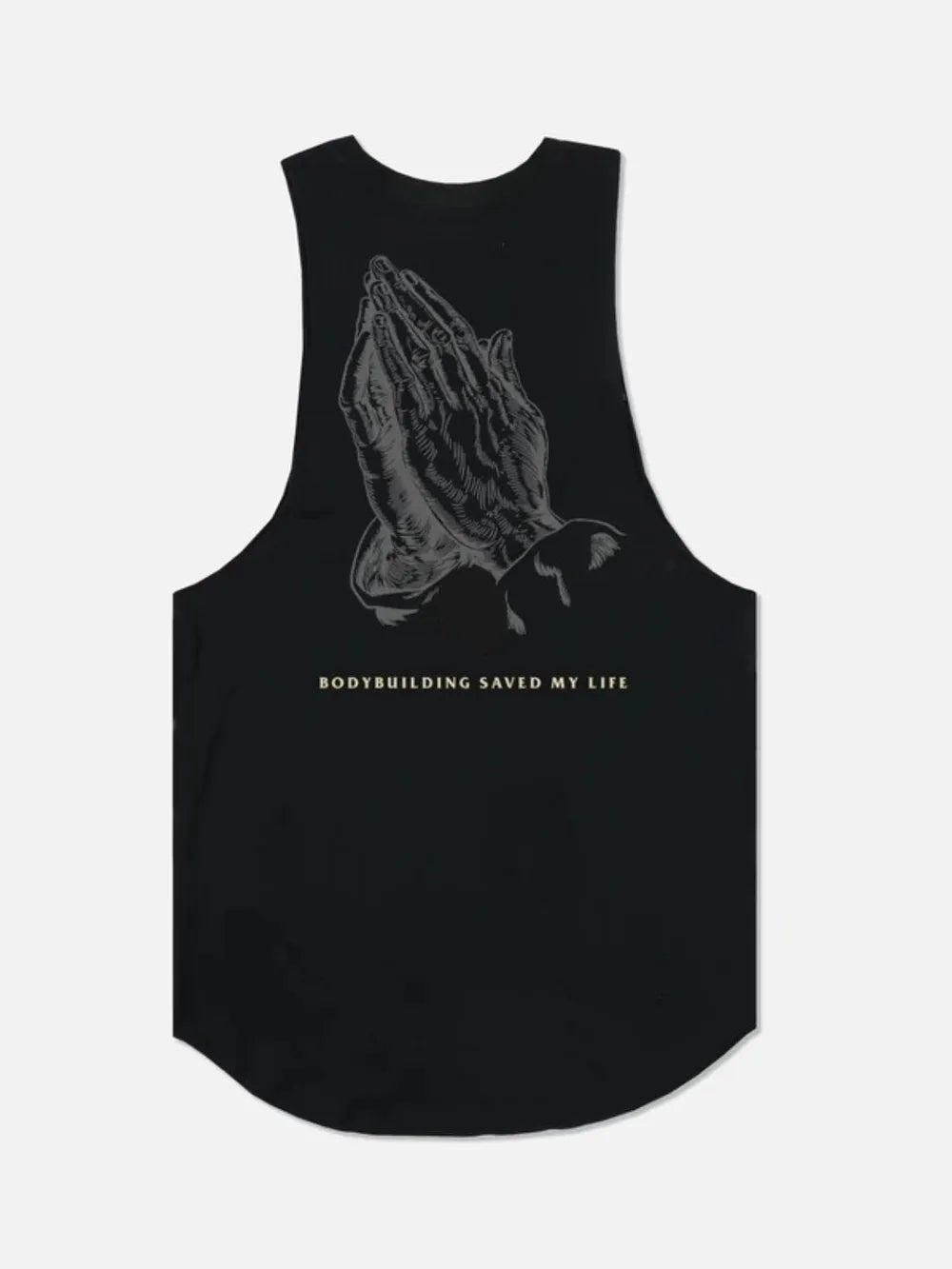 Black muscle tank top with praying hands graphic and text.