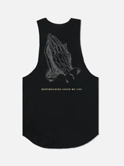 Black muscle tank top with praying hands graphic and text.
