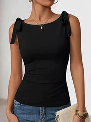 Black bow-tied shoulder tank top with boat neckline and slim fit.