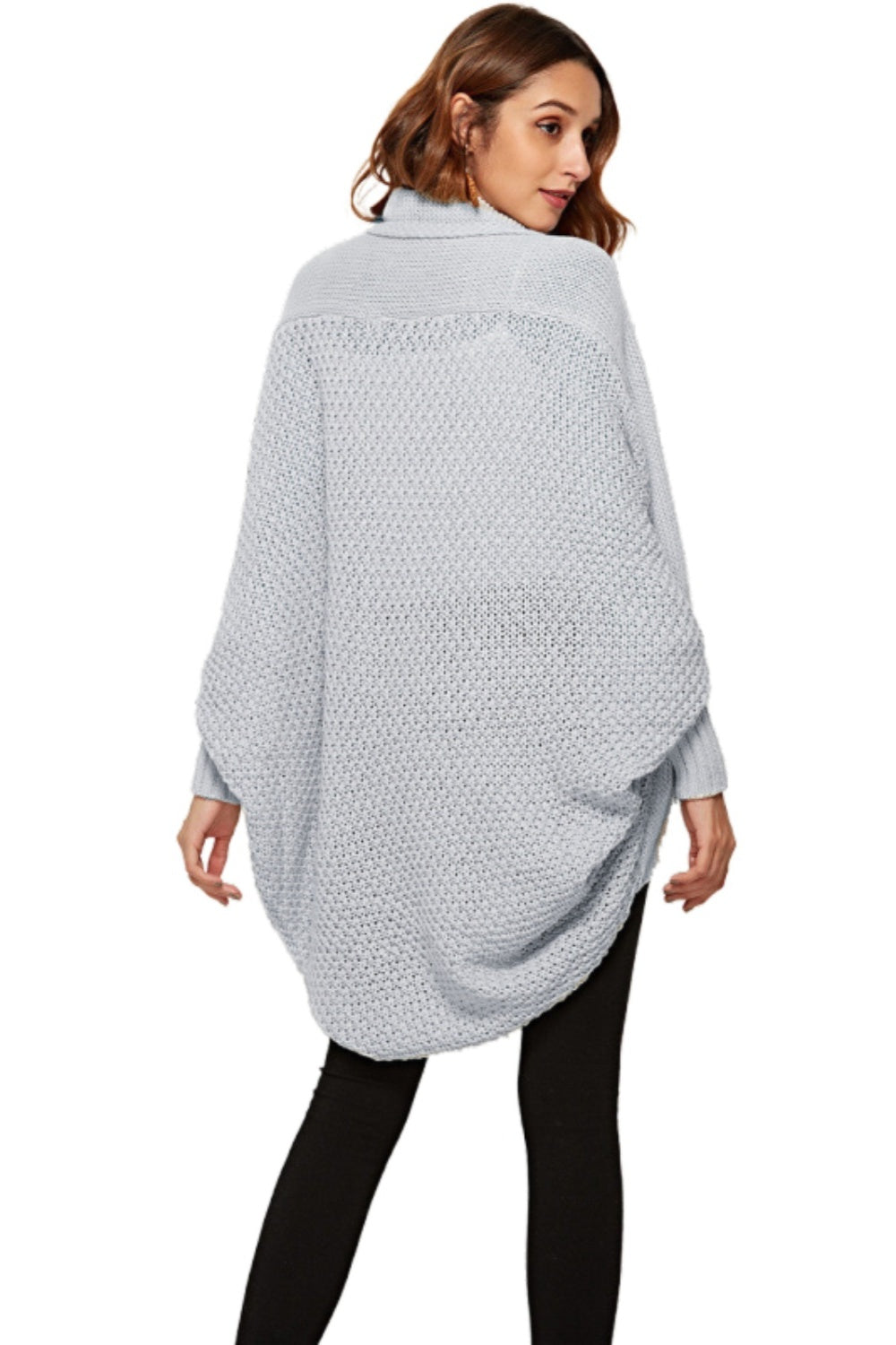Light gray acrylic cocoon knit cardigan with shawl collar and batwing sleeves.