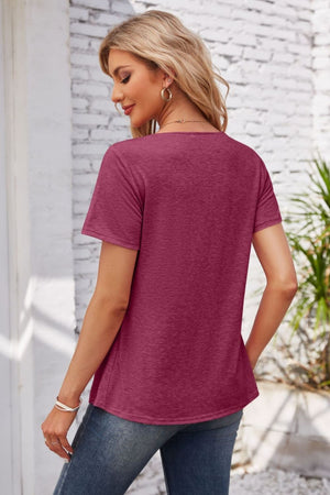 Button-Trimmed Gathered Yoke Top in Watermelon pink, short sleeve, casual fit