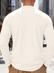 Men's long sleeve cotton Henley t-shirt in white, showing the back view.