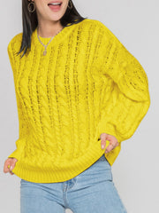 Banana Yellow cable knit openwork sweater with crew neck and long sleeves.