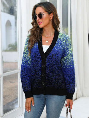 Speckled gradient knit cardigan in navy with button front and V-neck.