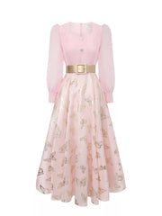 Pink midi dress with butterfly print, sheer sleeves, and cinched waist