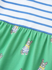 Baby dress with blue and white stripes on top and green skirt with dog print