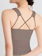 Sculpted Back Crop Tank in Dust Storm with criss-cross strap detail.