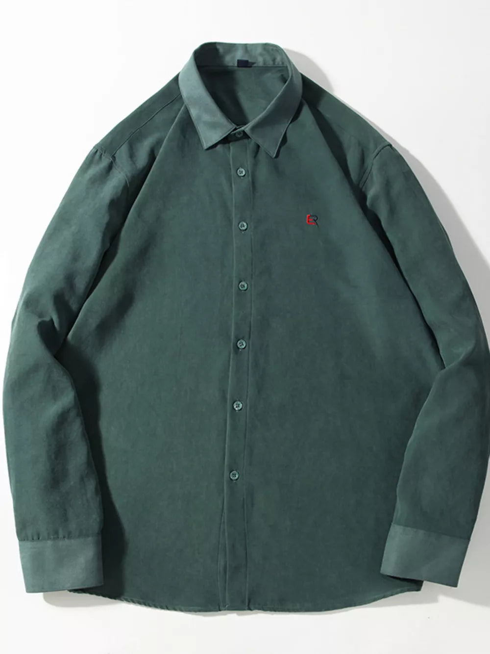 Men's Army Green Button-Up Shirt with embroidered red R detail