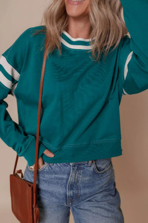 Contrast Striped Patchwork Sweatshirt in French Blue, back view