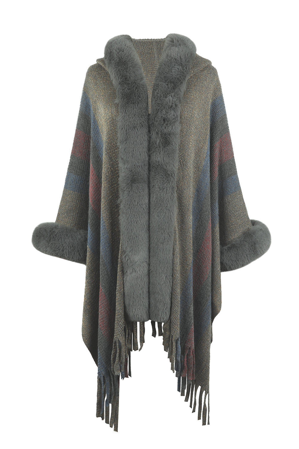 Textured stripe poncho with faux fur trim and fringe detail.