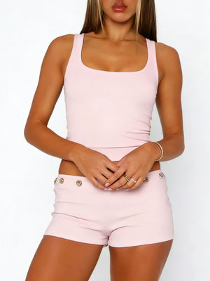 Pink ribbed wide strap tank and shorts set with eyelet detail