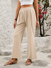 FlexiFit wide leg trousers in taupe with elastic waist and pleated front detail.