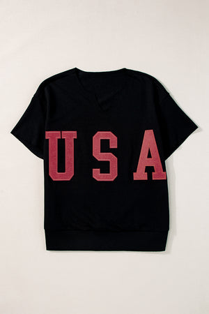 Black sweatshirt with red USA appliqué and V-neckline