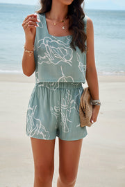 Light Green abstract geo print crop top and shorts set, 100% viscose, square neck, sleeveless.