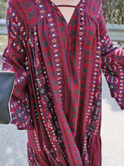 Bohemian Print Midi Dress With Side Slits in Red, model styling view