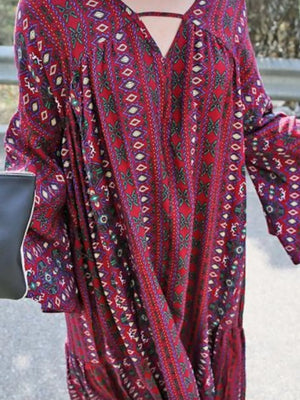 Bohemian Print Midi Dress With Side Slits in Red, model styling view