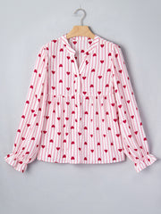Blush pink maternity blouse with red hearts and stripes, button front, flounce sleeves.