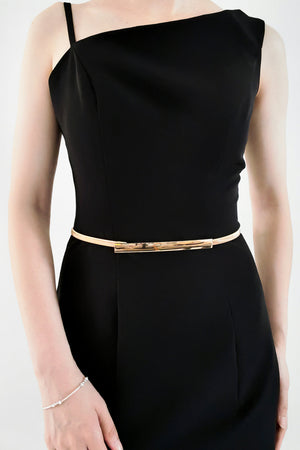 Slimline gold-tone metal waist belt with a rectangular buckle detail.