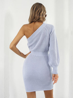 One-sleeve knit mini dress in Pastel Blue with a ribbed texture and balloon sleeve.