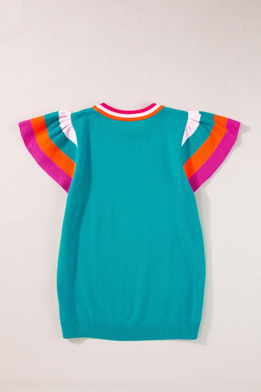 Teal knit blouse with flutter sleeves and colorblock trim in pink, orange, and white.