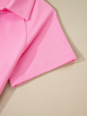 Pink cotton bikini top with V-neck and drawstring detail