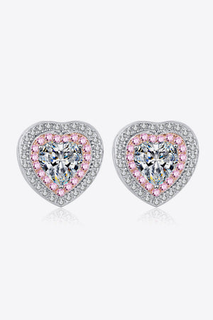 Silver heart halo stud earrings with clear and pink accents