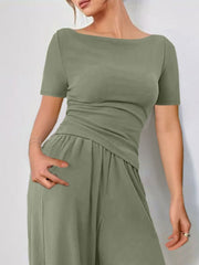 Sage boat neck jersey co-ord set with ruched waist detail and wide leg pants.