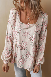 Floral print peplum blouse with square neck and long sleeves