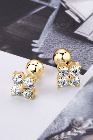 Gold four-stone stud earrings with clear cubic zirconia in a clover design.