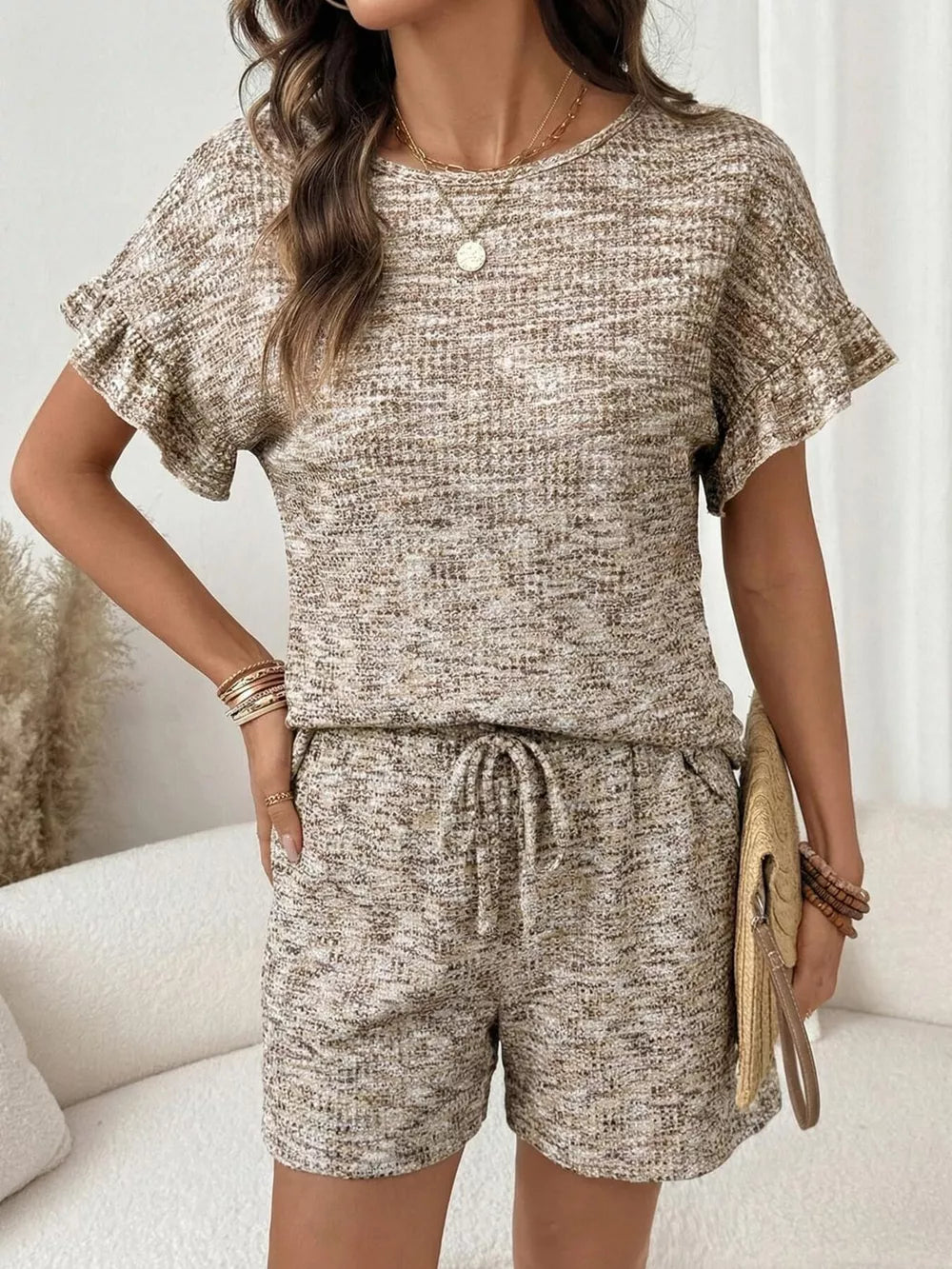 Ruffled sleeve knit set in Khaki with drawstring shorts and textured fabric.