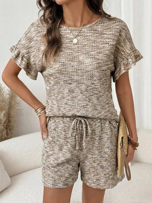 Ruffled sleeve knit set in Khaki with drawstring shorts and textured fabric.