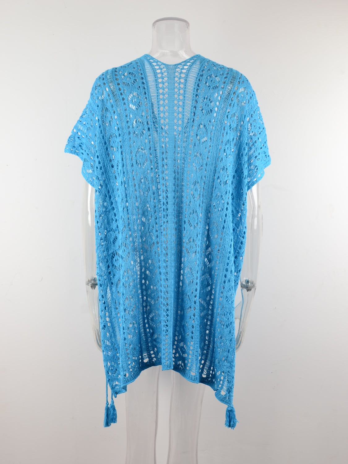 Light blue open-knit V-neck beach cover-up with short sleeves and tassel trim