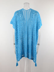 Light blue open-knit V-neck beach cover-up with short sleeves and tassel trim