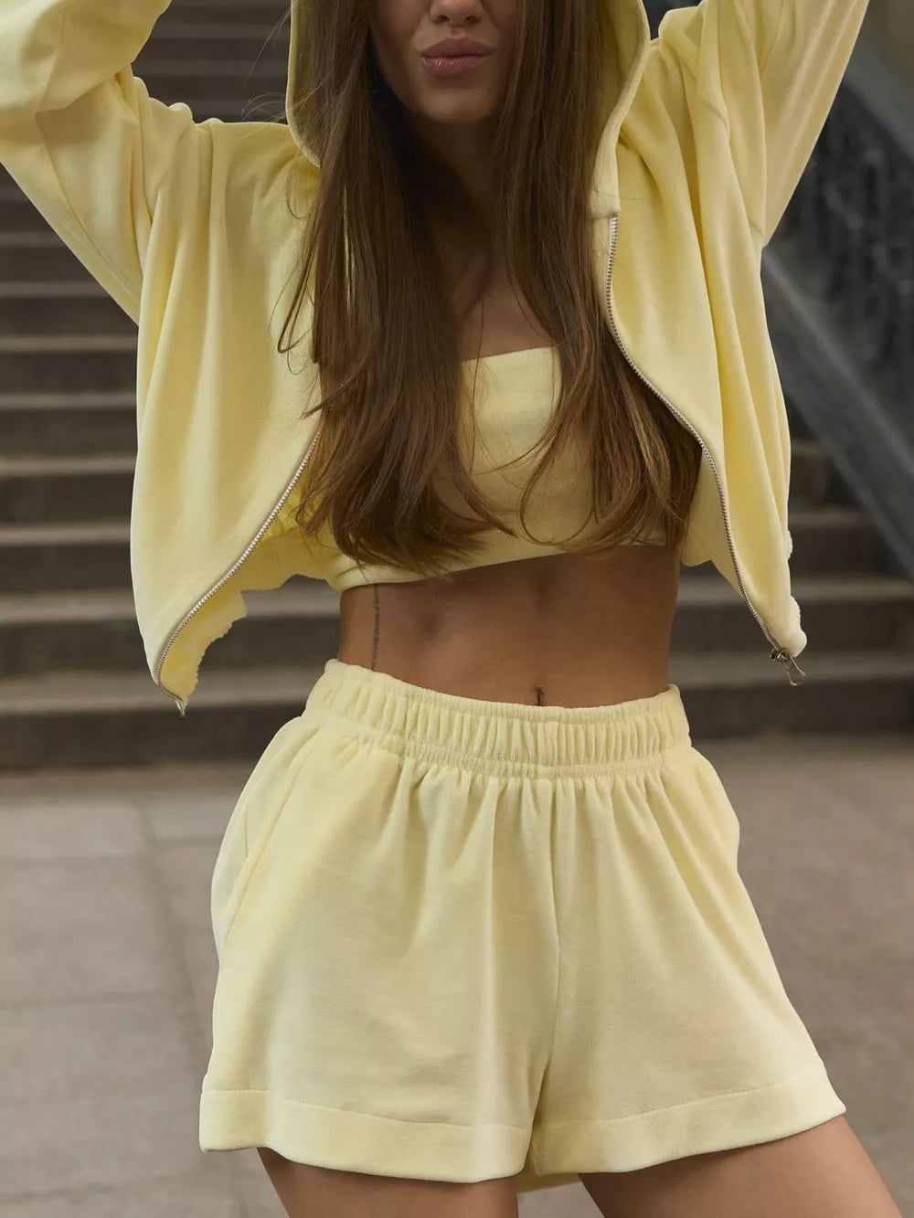 Zip Up Cropped Hoodie And Shorts Set in Pink, close-up detail