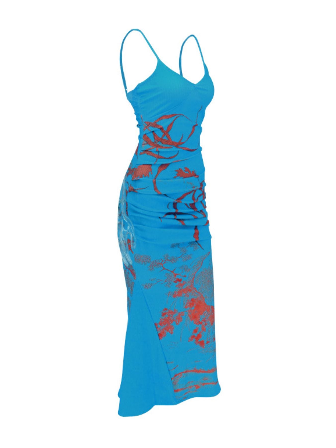 Blue botanical print spaghetti strap maxi dress with ruched side detail.