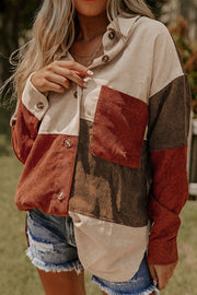 Colorblock corduroy shacket with oversized patchwork in tan, rust, and brown.