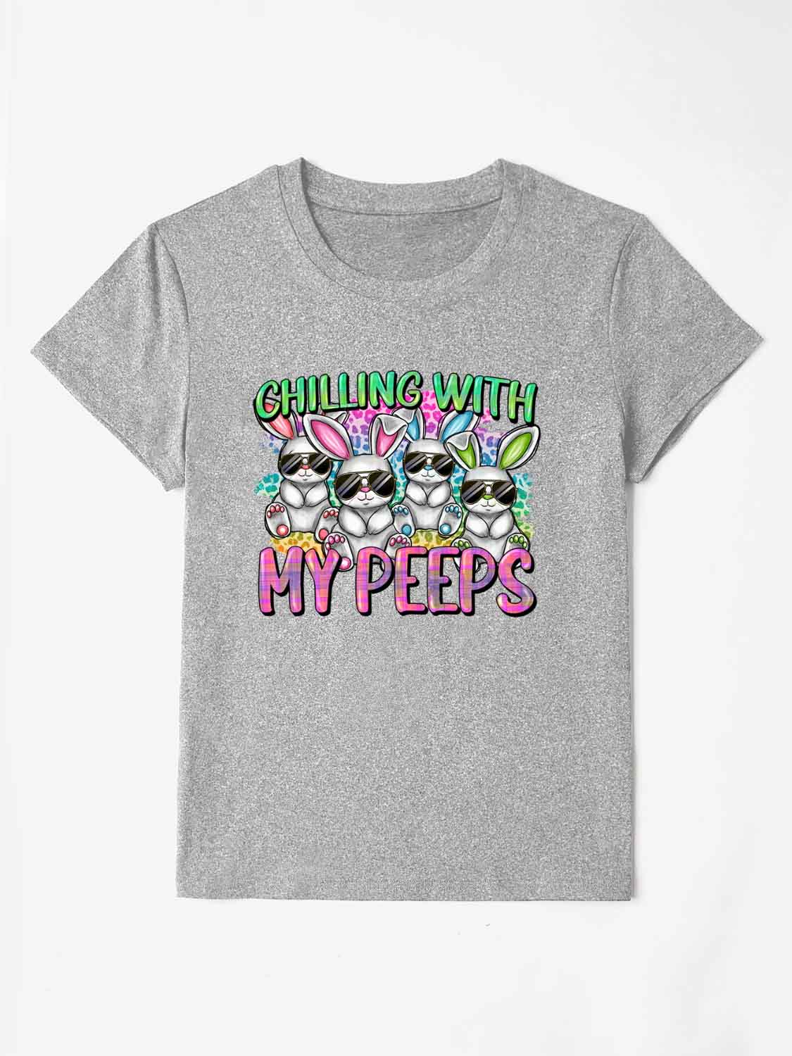 Gray t-shirt with cartoon bunnies wearing sunglasses and "MY PEEPS" graphic.