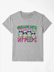 Gray t-shirt with cartoon bunnies wearing sunglasses and "MY PEEPS" graphic.