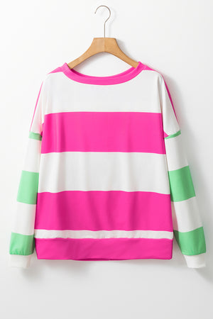 Striped sweatshirt with block sleeves in pink, white, and light green.