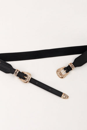Black elastic waist belt with ornate gold western buckle detail