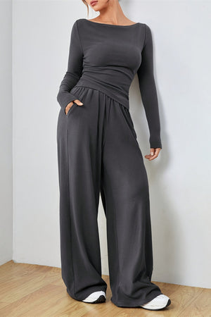 Dark Gray boat neck lounge set with wide leg pants and pockets.